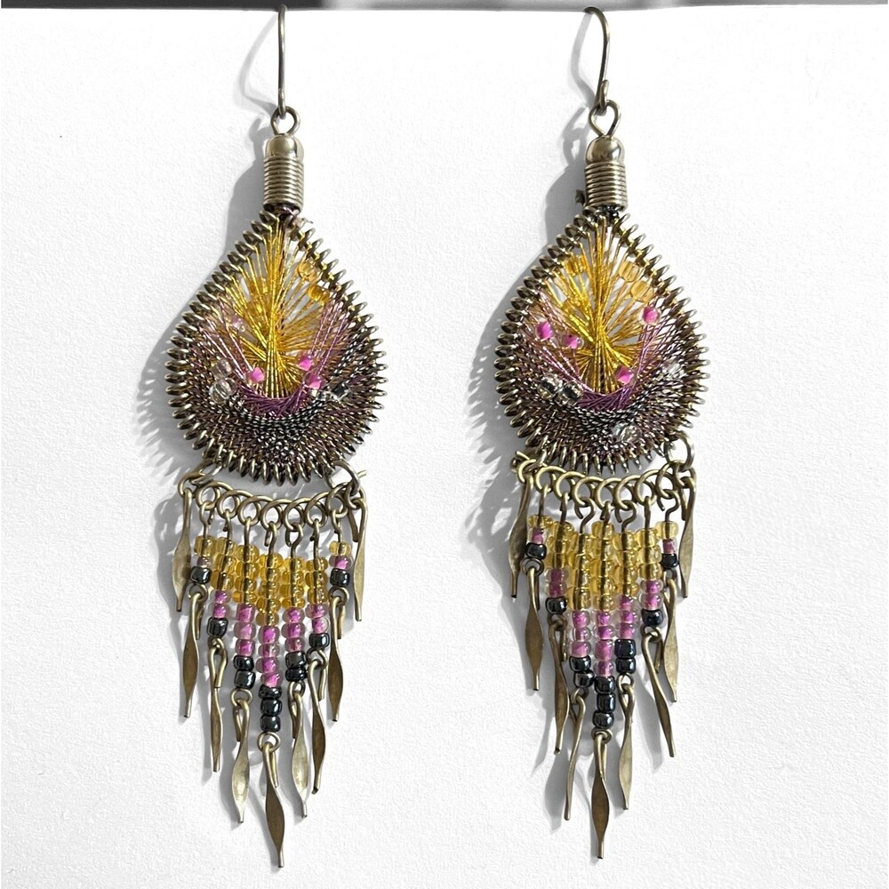 VTG Dreamcatcher Earrings Woven Teardrop Silver Tone Dangle Chandelier 3.5" Boho